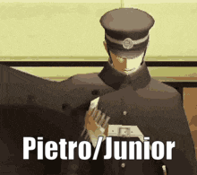 a man in a military uniform is holding a microphone and the name pietro / junior is on the bottom