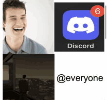 a man is laughing in front of a discord logo