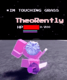 a pink robot with a purple flower on its head is in a video game and has a hp of 0 / 200 .