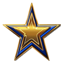 a gold and blue star with a white outline