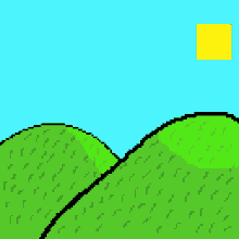 a pixel art drawing of a green hill with a blue sky and a yellow square in the middle