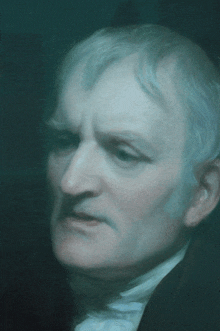 a close up of a man 's face in a painting with a blue background