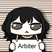 a cartoon character is holding up a sign that says arbitrer