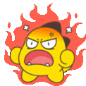 a yellow cartoon character is angry and surrounded by red flames .