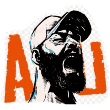 a drawing of a man with a beard wearing a hat with the letter a in orange