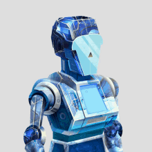 a blue robot with a broken head and a screen that says ' a ' on it