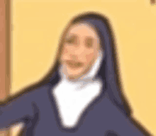 a cartoon drawing of a nun wearing a black robe and white collar .