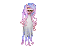 a cartoon drawing of a monster with purple hair and a white dress