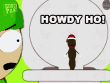 a cartoon of a poop wearing a santa hat says howdy ho!