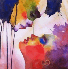 a watercolor painting of a man and a woman kissing each other .