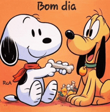 a cartoon of snoopy and pluto with the words bom dia on the bottom