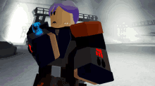 a cartoon character with purple hair and a red e on his arm stands in a dark room