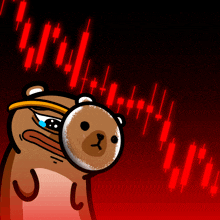 a cartoon bear with a magnifying glass looks at a stock chart