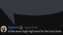 a message from segalova says i 'd like some thigh high socks for the funny lmao