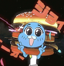 gumball from the amazing world of gumball is holding a hamburger and giving the peace sign