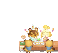 a group of animal crossing characters celebrate a birthday with a cake