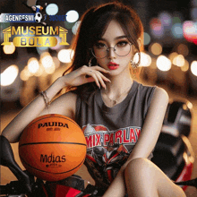 a girl is sitting on a motorcycle holding a basketball that says pauida on it