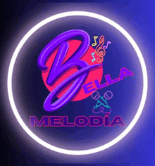 a logo for bella melodia is displayed on a dark blue background