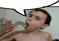 a shirtless boy drinking from a plastic bottle with a speech bubble above him