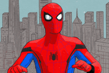 a drawing of a spider man standing in front of a cityscape