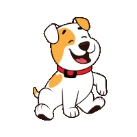 a brown and white dog with a red collar is smiling with its eyes closed