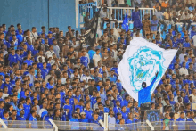 a man holding a blue and white flag with a lion face on it