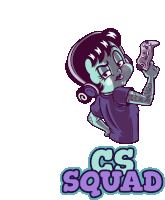 a cartoon drawing of a girl holding a video game controller and the words cs squad below her