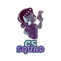 a cartoon drawing of a girl holding a video game controller and the words cs squad below her