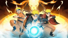 a group of naruto characters are standing next to each other in front of a fireball .