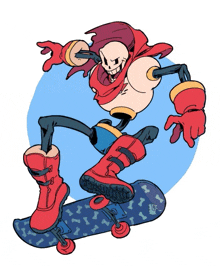 a drawing of papyrus riding a skateboard