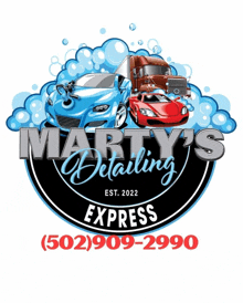 a logo for marty 's detailing express with a car and truck