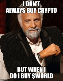 a man with a beard is wearing a suit and a watch and says i don t always buy crypto