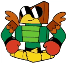 a cartoon character wearing a green jacket and red boxing gloves .