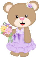 a teddy bear wearing a purple dress holds a bouquet of flowers