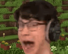 a person wearing headphones and glasses is making a funny face in a video game .