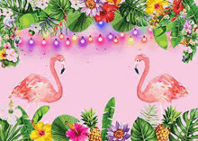 a pink background with flamingos , tropical flowers , pineapples and leaves .