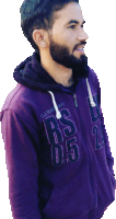 a man with a beard wears a purple jacket that says rs 0.5 on it