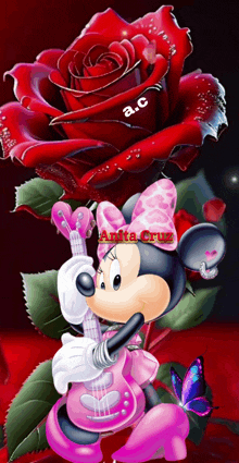 a cartoon of minnie mouse holding a guitar in front of a red rose by anita cruz