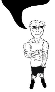 a black and white drawing of a muscular man with a speech bubble above him