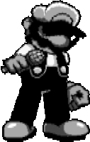 a black and white pixel art of mario wearing sunglasses and overalls .