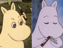 two pictures of a cartoon character holding a knife and a candy bar .