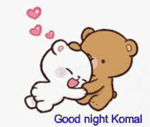 two teddy bears are sitting next to each other and the words good night komal are on the bottom .