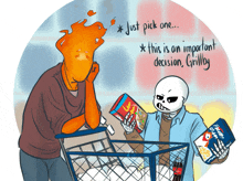 a cartoon drawing of a man and a skeleton with the words " just pick one " at the top