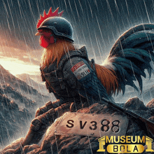 a rooster wearing a helmet is sitting on a rock with a sign that says sv388 museum bola