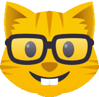 a cartoon cat wearing glasses and a smile