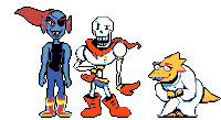 a pixel art of undertale characters including papyrus and alphys standing next to each other