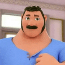 a cartoon character with a beard and mustache is wearing a blue shirt and making a funny face .