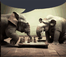 two elephants are playing a game of chess with a speech bubble above them