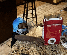 a child wearing a blue shark mask looks at a box of banana nut graham muffins