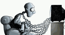 a cartoon of a man chained to a desk in front of a television